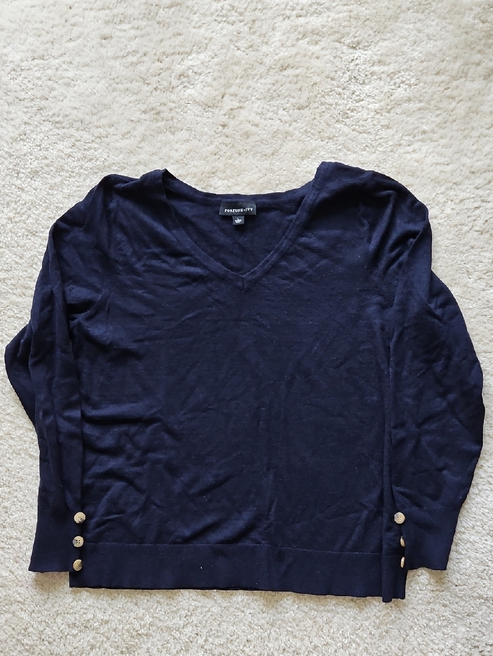 Navy V-Neck Button Accent Sweater